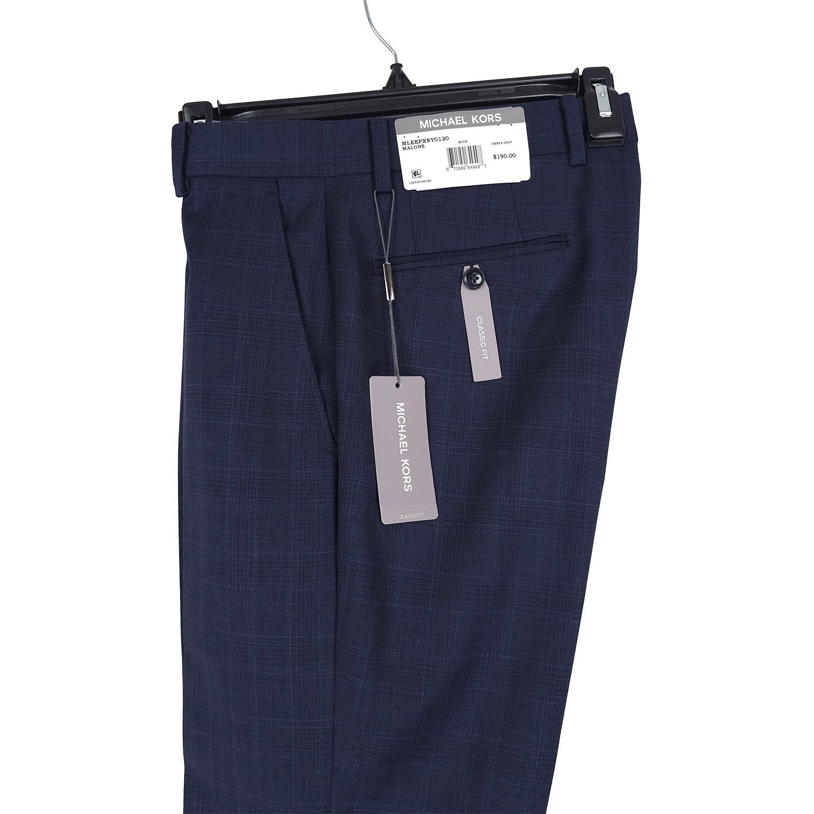 Michael Kors Mens Classic Fit Dress Pants 29x30 Dark Blue Plaid Stretch Wool Nwt
